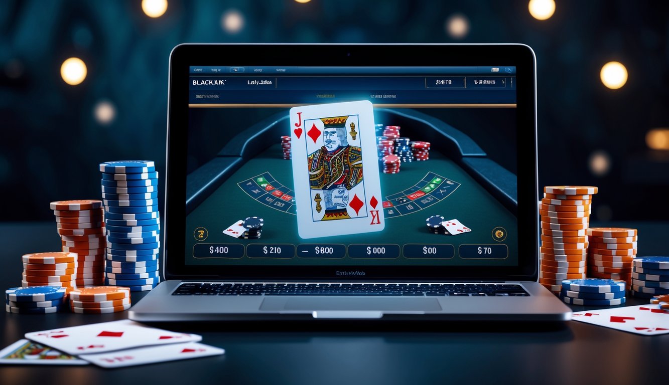 Seorang pemain menggunakan laptop dengan tampilan permainan blackjack online dan tumpukan chip poker di meja permainan.