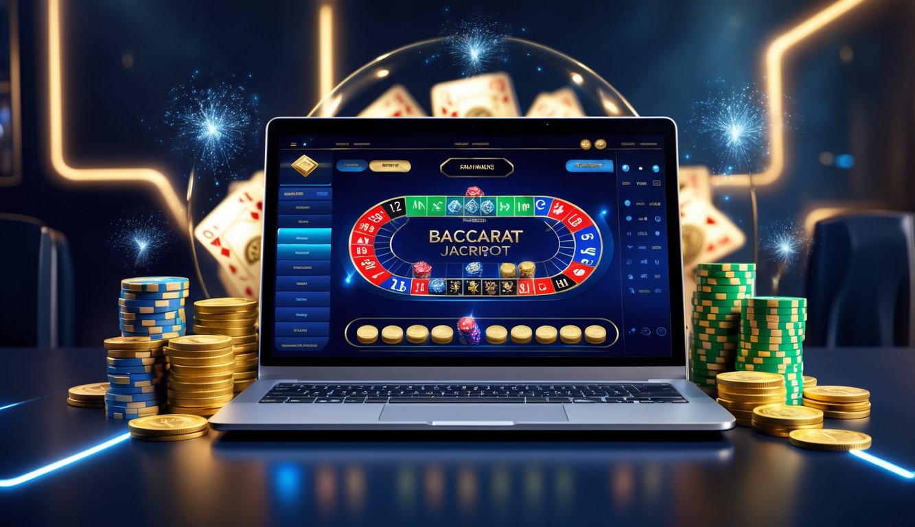 Seseorang bermain permainan baccarat online di komputer dengan tumpukan chip kasino dan koin emas di sekitarnya, menampilkan suasana kemenangan dan jackpot besar.