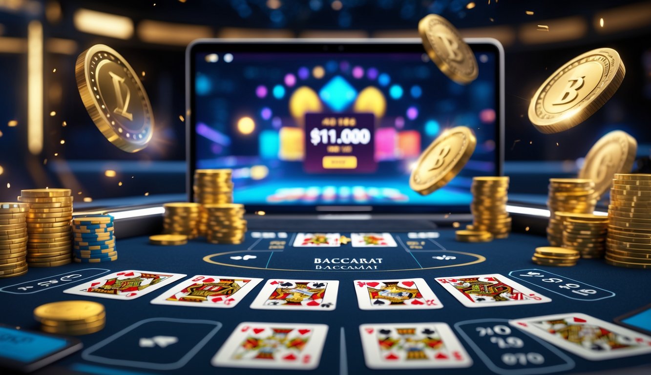 Sebuah meja baccarat online dengan kartu dan chip warna-warni di layar digital, menampilkan suasana kemenangan dan jackpot besar.