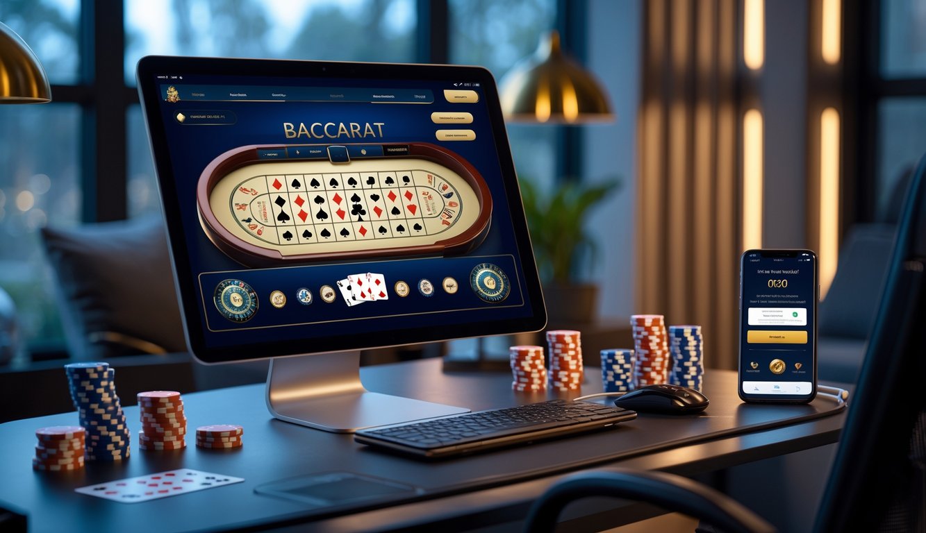 Seorang pengguna sedang bermain baccarat online di komputer dengan chip poker dan kartu di meja, di ruang kerja yang rapi dan terang.