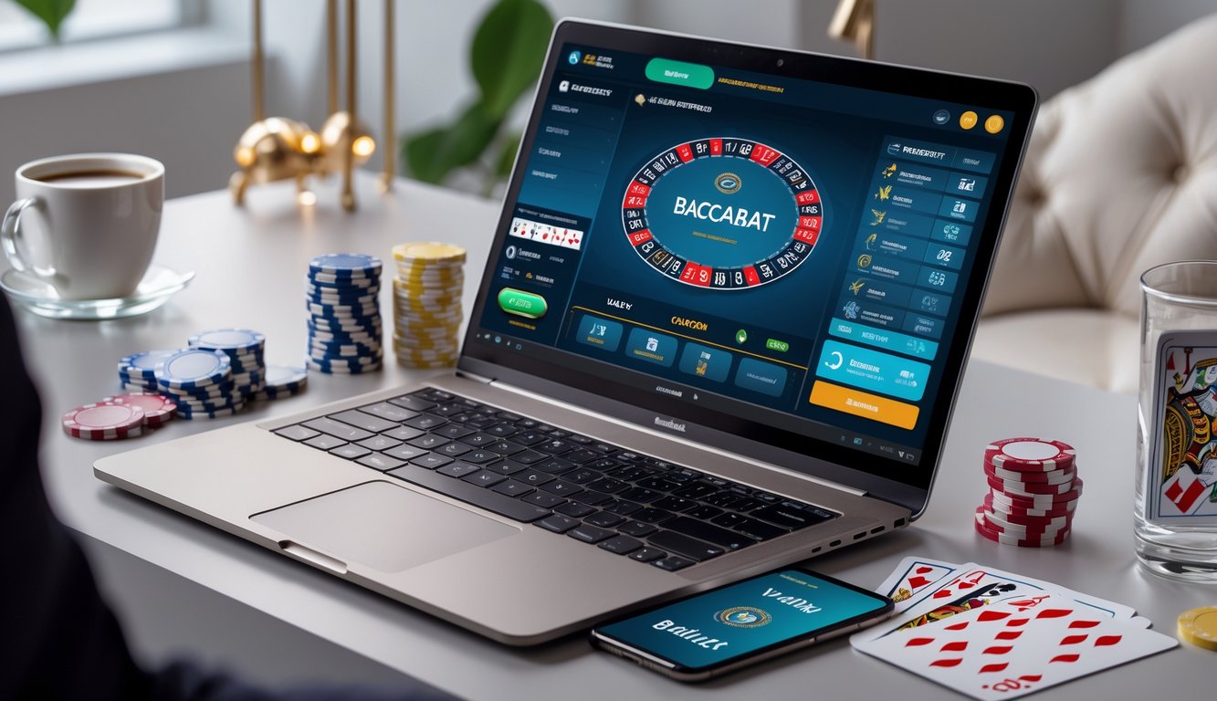 Seorang pemain duduk di depan komputer dengan tampilan permainan baccarat online dan chip poker di meja.