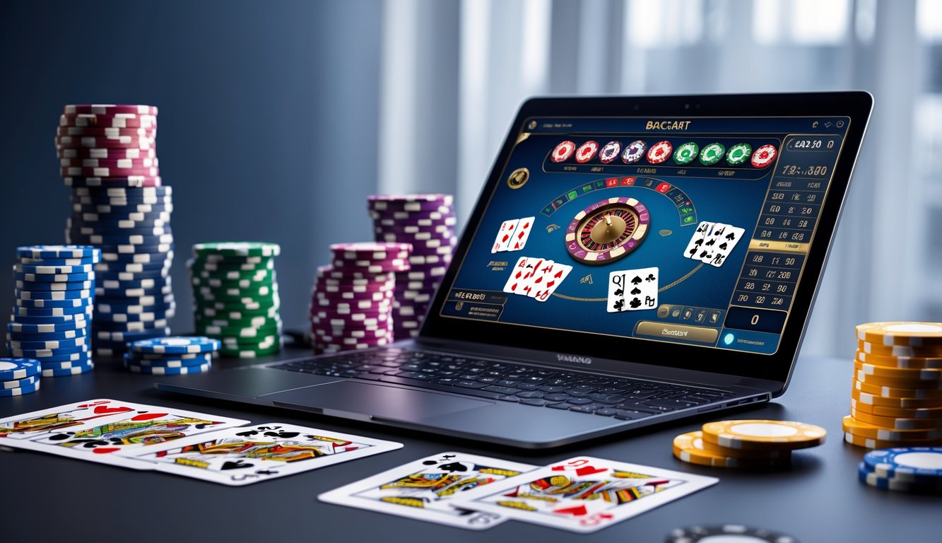 Seorang pemain sedang menggunakan komputer dengan tampilan permainan Baccarat online dan chip kasino di sekitarnya.