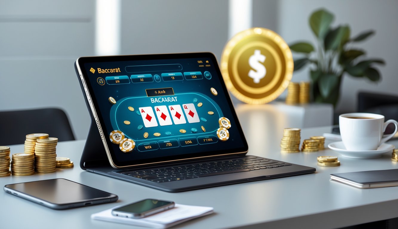 Seorang pemain menggunakan laptop untuk bermain baccarat online dengan chip dan koin di meja.