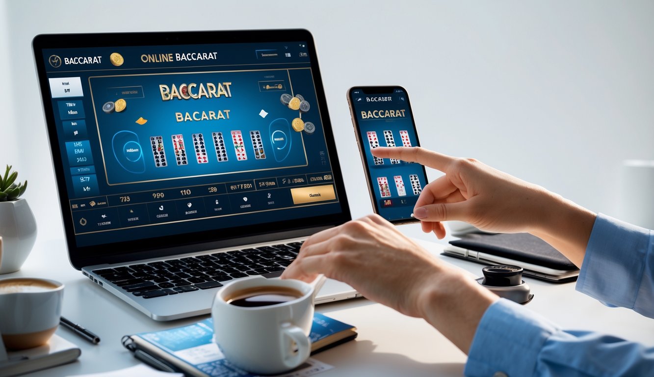 Seseorang menggunakan laptop dan ponsel untuk bermain baccarat online di meja kerja yang rapi dan terang.