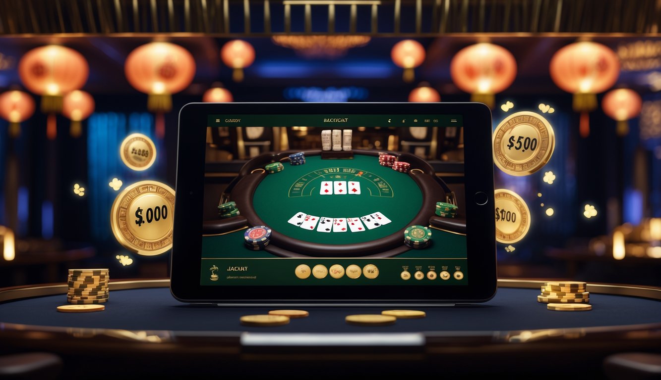 Sebuah layar komputer menampilkan permainan baccarat online dengan kartu dan chip, dikelilingi simbol jackpot progresif di latar belakang bergaya kasino dengan elemen budaya Asia.