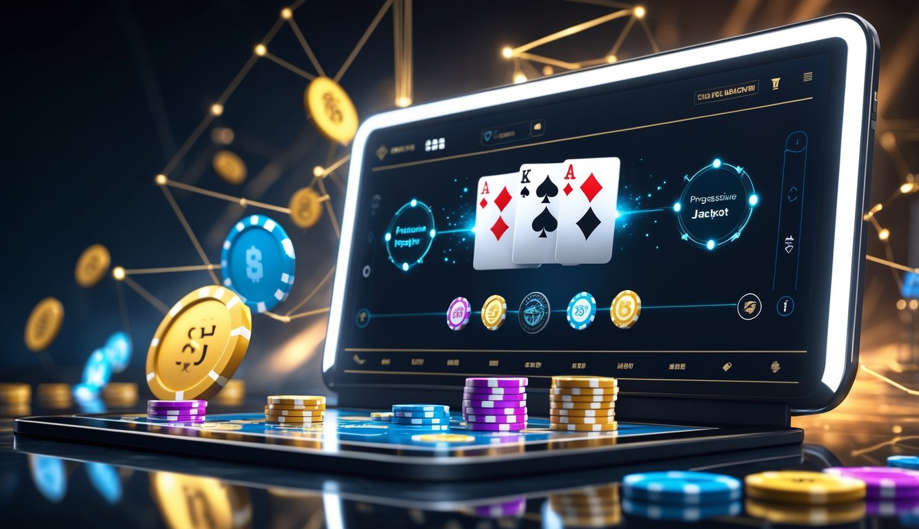 Sebuah layar digital menampilkan permainan baccarat dengan kartu dan chip, dikelilingi oleh elemen yang menunjukkan jackpot progresif dan suasana kasino mewah.