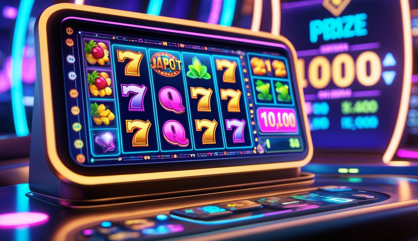 Antarmuka mesin slot 3D online dengan simbol berwarna-warni dan latar belakang kasino digital yang terang dan menarik.