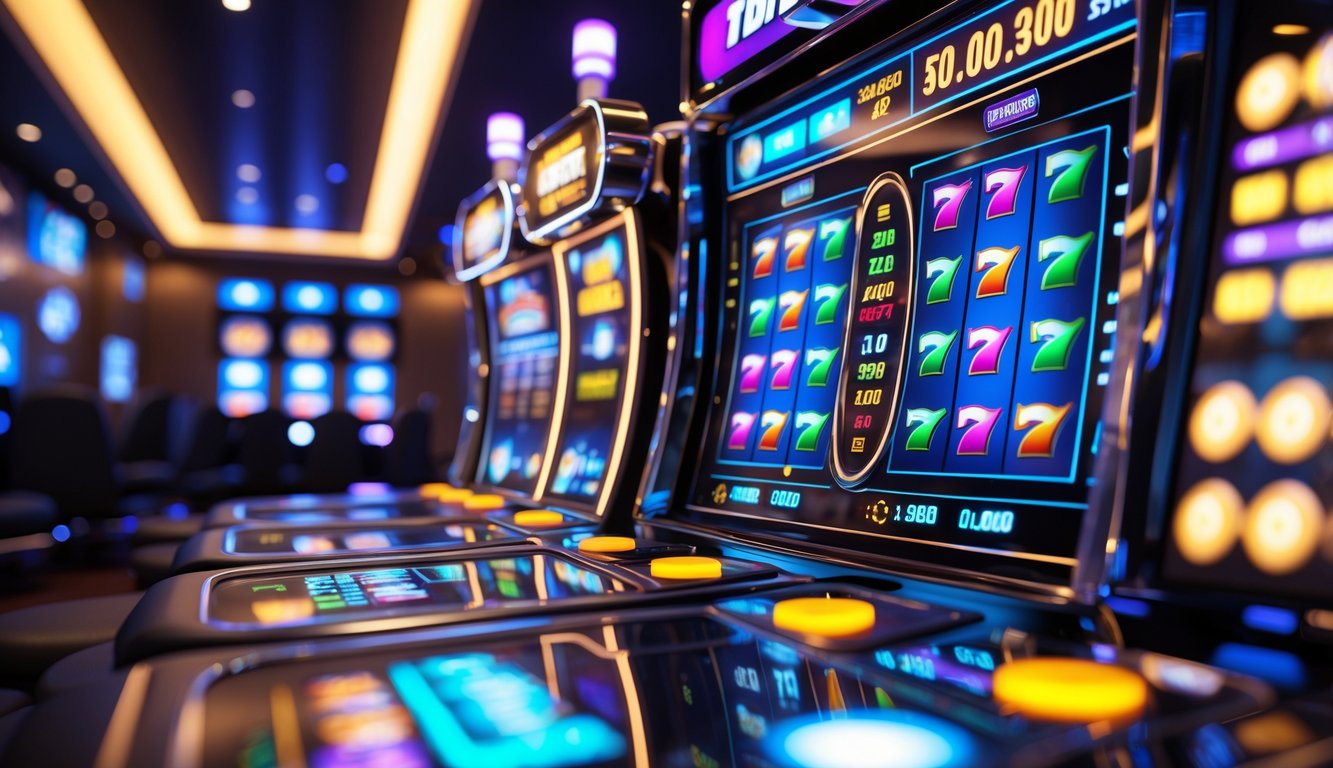 Suasana kasino online modern dengan mesin slot 3D berwarna-warni dan indikator jackpot besar di latar belakang lounge permainan futuristik.