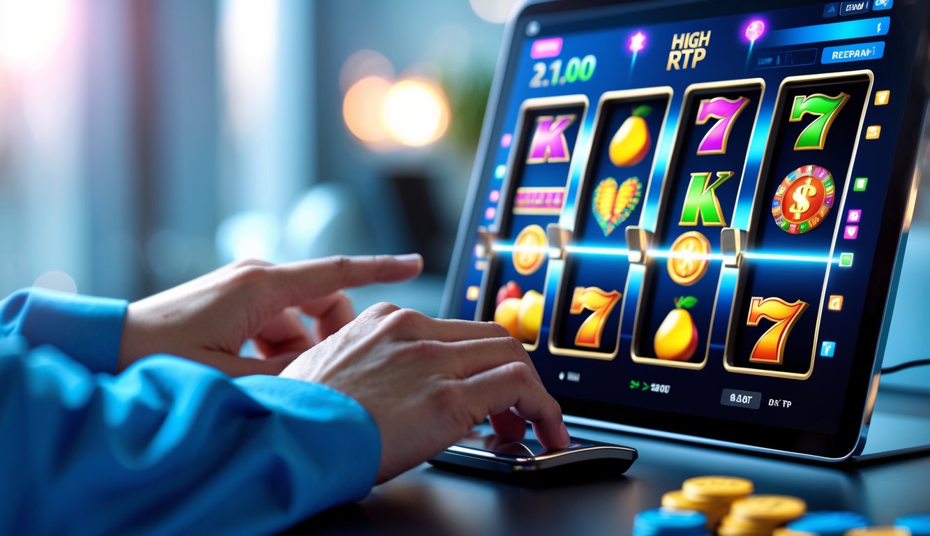 Seseorang menggunakan perangkat digital untuk bermain mesin slot 3D online dengan tampilan simbol warna-warni dan suasana fokus.