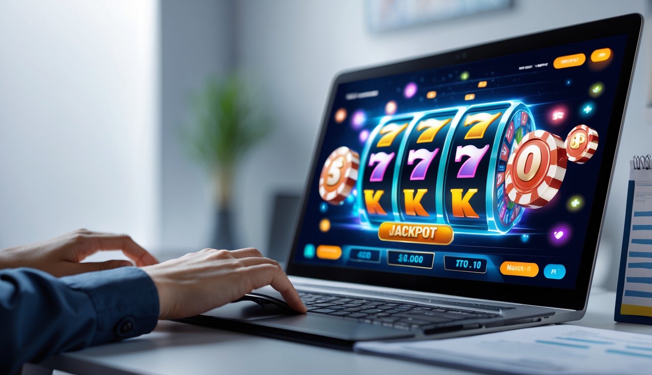 Seseorang menggunakan komputer dengan layar menampilkan permainan slot 3D berwarna-warni dan simbol jackpot, di meja terdapat catatan strategi.