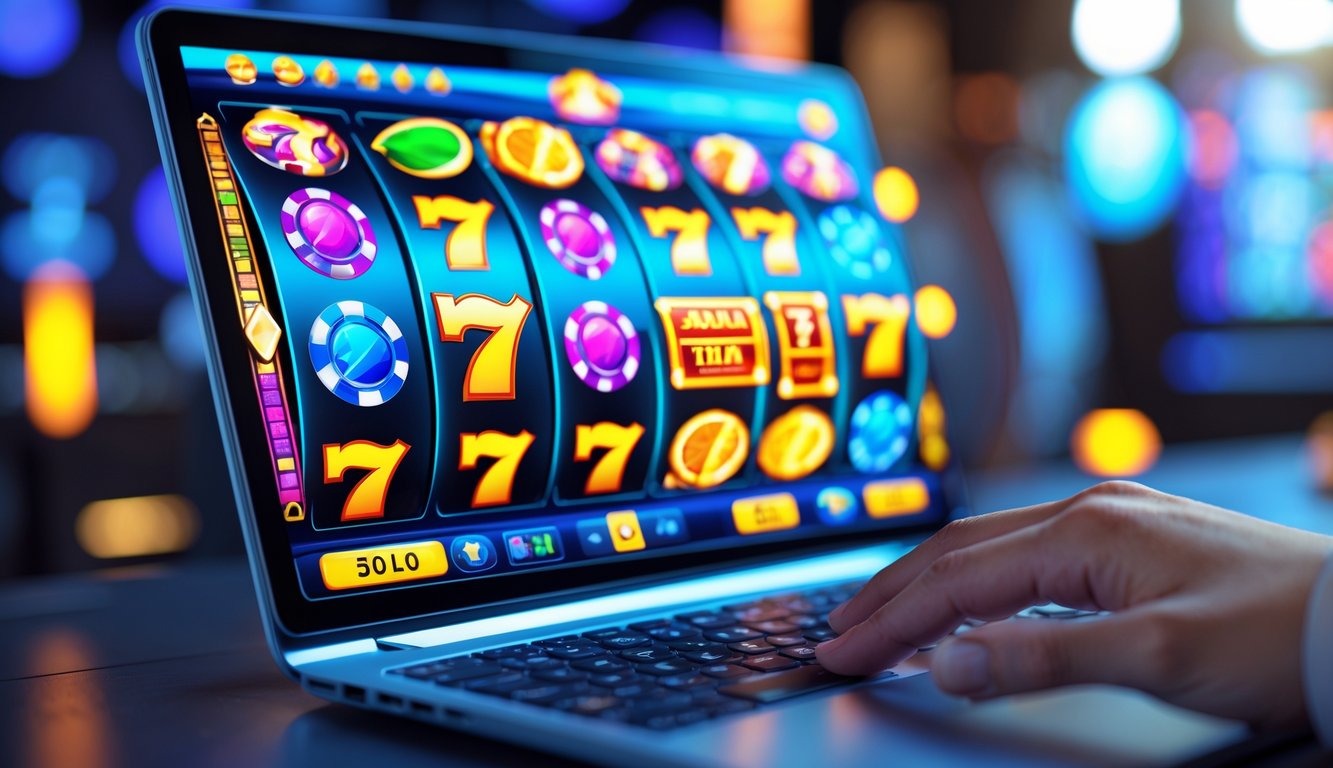 Layar komputer menampilkan mesin slot 3D berwarna-warni dengan simbol berputar di lingkungan permainan yang modern dan terang.