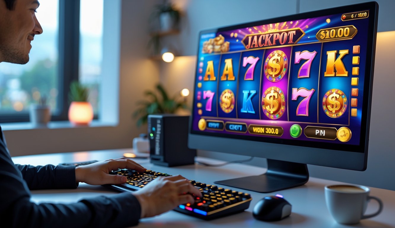 Seorang pengguna bermain mesin slot 3D online di komputer dengan latar ruang kerja yang nyaman.