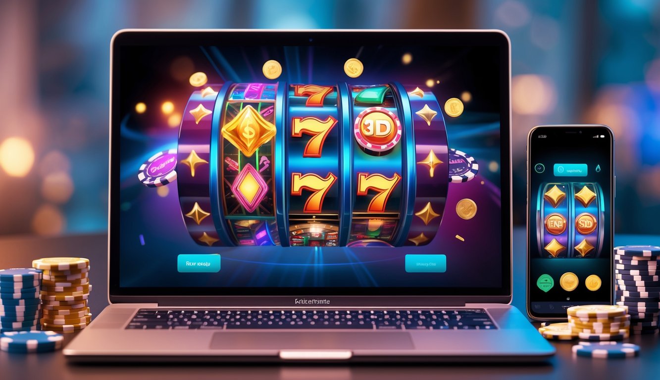 Seseorang sedang menggunakan komputer dengan layar yang menampilkan permainan slot 3D online berwarna-warni dan simbol jackpot.
