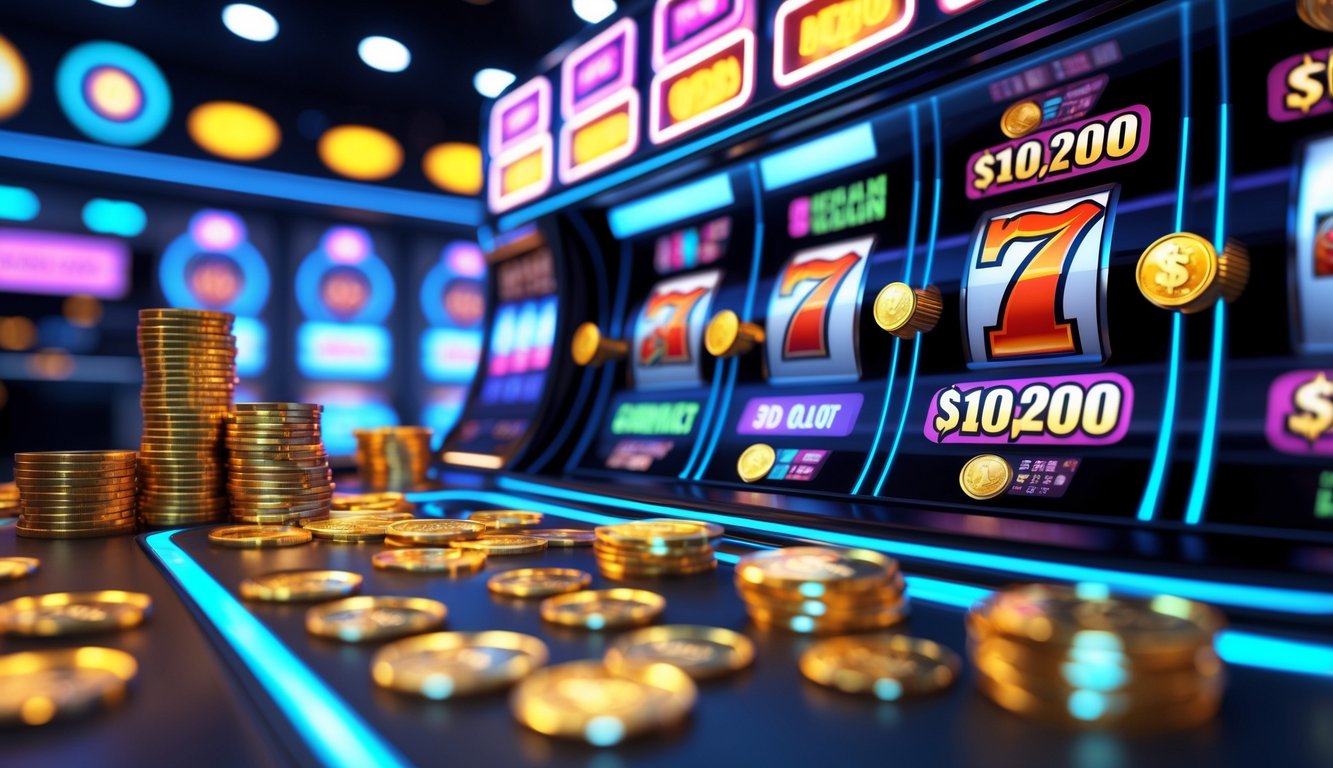 Suasana kasino online dengan mesin slot 3D yang berwarna-warni dan layar yang menampilkan gulungan slot yang berputar.