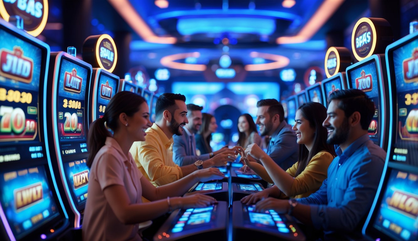 Beberapa orang sedang bermain mesin slot digital di sebuah ruang permainan modern dengan layar besar dan lampu warna-warni yang menunjukkan suasana kemenangan dan kegembiraan.