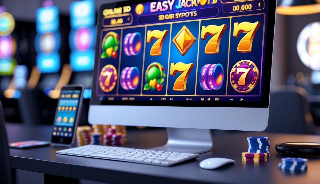Tampilan layar komputer menunjukkan permainan slot 3D online dengan gulungan berwarna-warni dan simbol keberuntungan di lingkungan kerja yang nyaman.