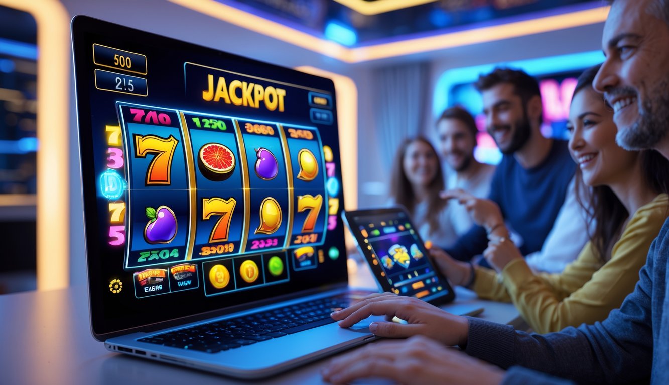 Orang-orang sedang bermain permainan slot 3D online dengan antarmuka digital berwarna-warni di berbagai perangkat dalam suasana nyaman.