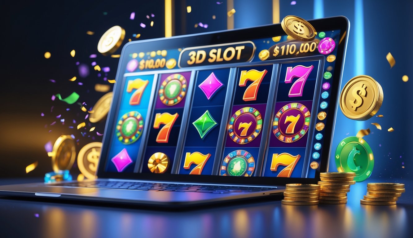 Sebuah layar komputer menampilkan mesin slot 3D berwarna-warni dengan simbol keberuntungan dan koin digital di sekitarnya.