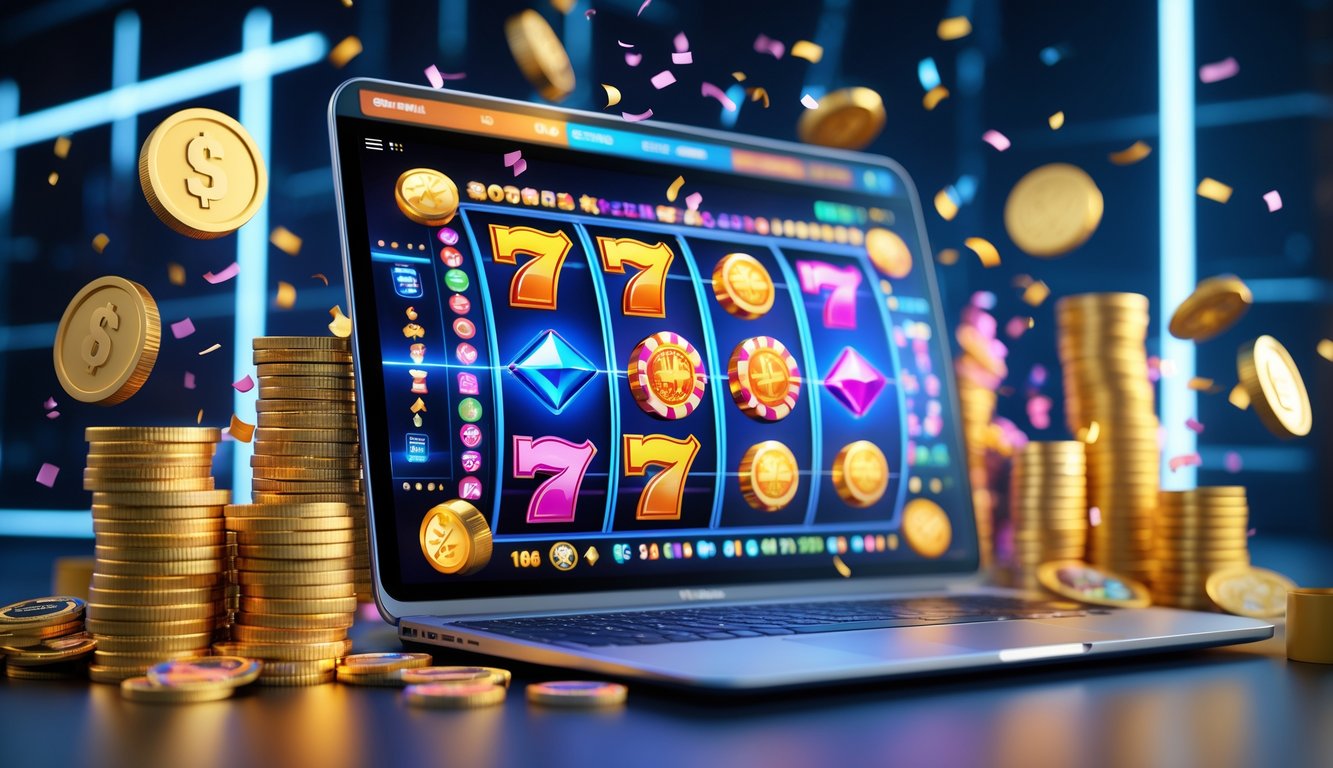 Layar komputer menampilkan permainan slot 3D dengan koin emas dan chip poker di sekitarnya, menunjukkan suasana kemenangan dalam permainan slot online.