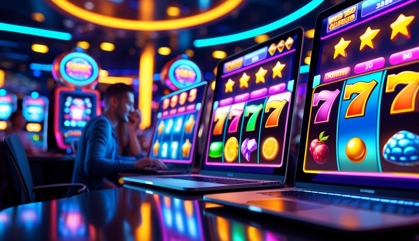 Orang-orang bermain permainan slot 3D di perangkat digital dengan latar belakang kasino online yang modern dan berwarna-warni.