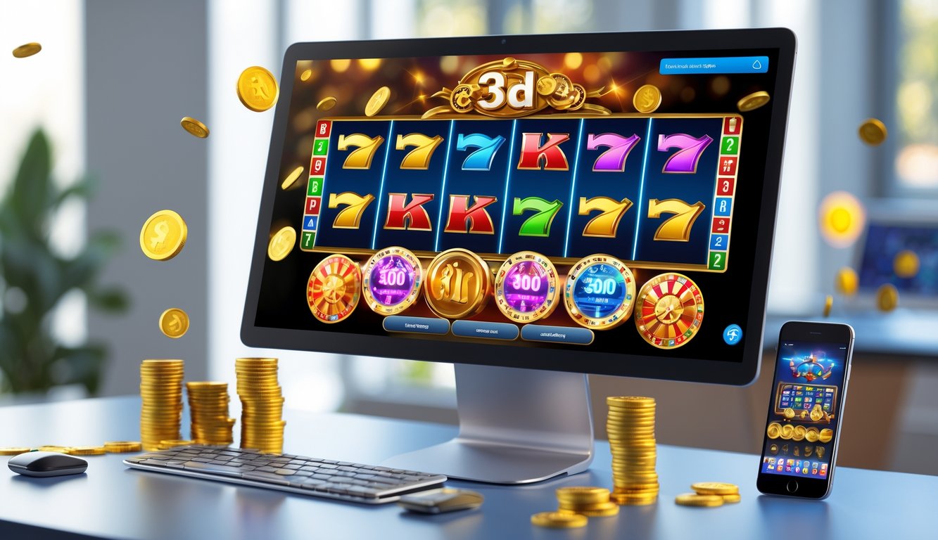 Tampilan layar komputer dengan permainan slot 3D online yang berwarna-warni di ruang kerja modern.