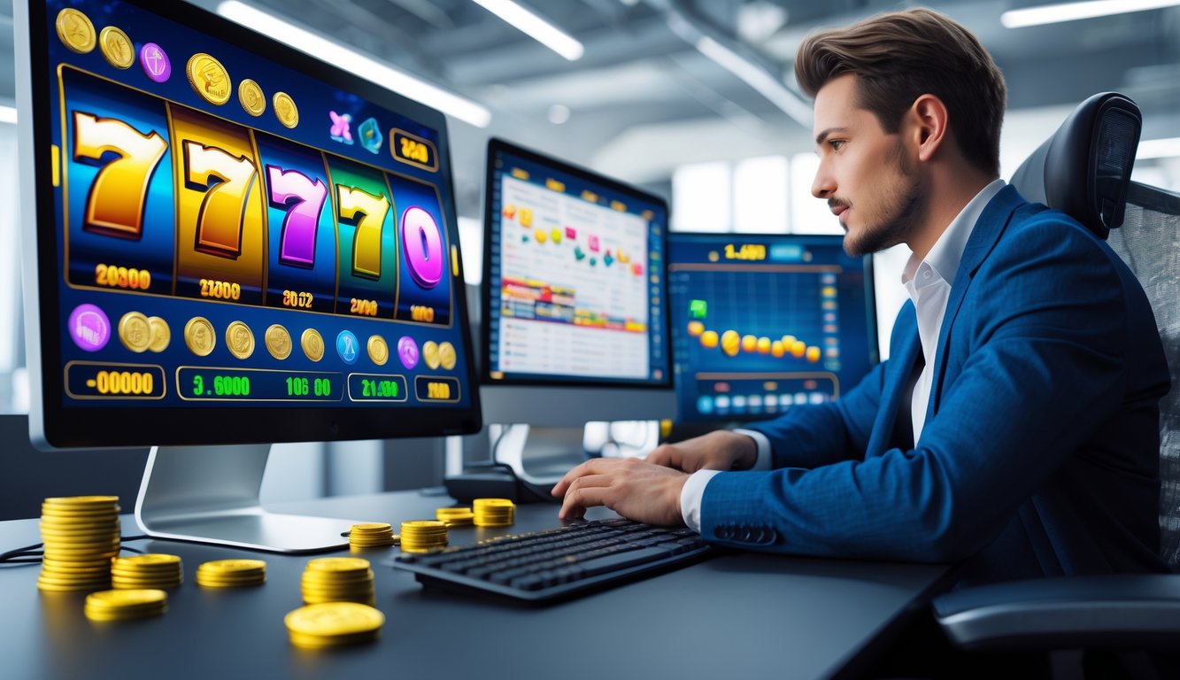 Seorang profesional sedang bermain dan menganalisis permainan slot 3D online di komputer di ruang kerja yang rapi dan terang.