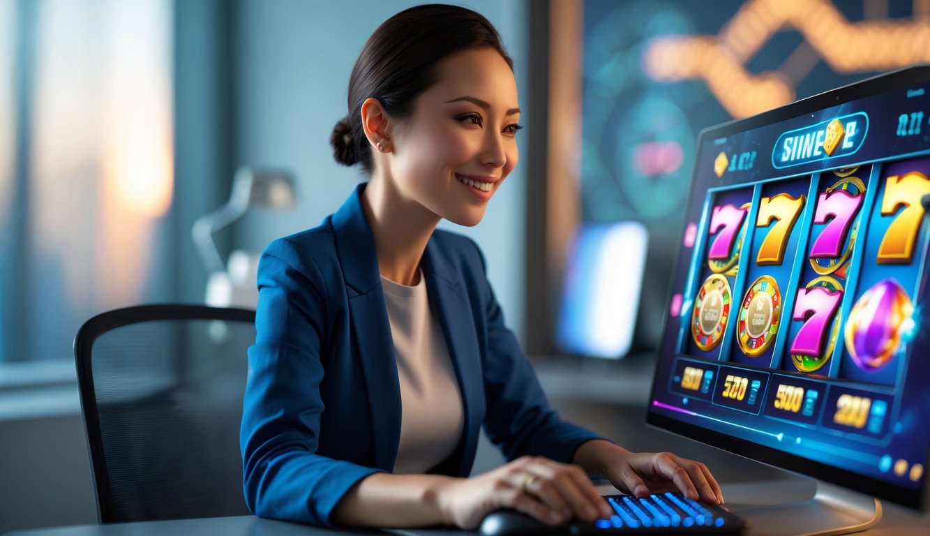Seorang pemain dewasa sedang bermain mesin slot 3D online di komputer dengan ekspresi fokus dan senang di ruang yang nyaman.