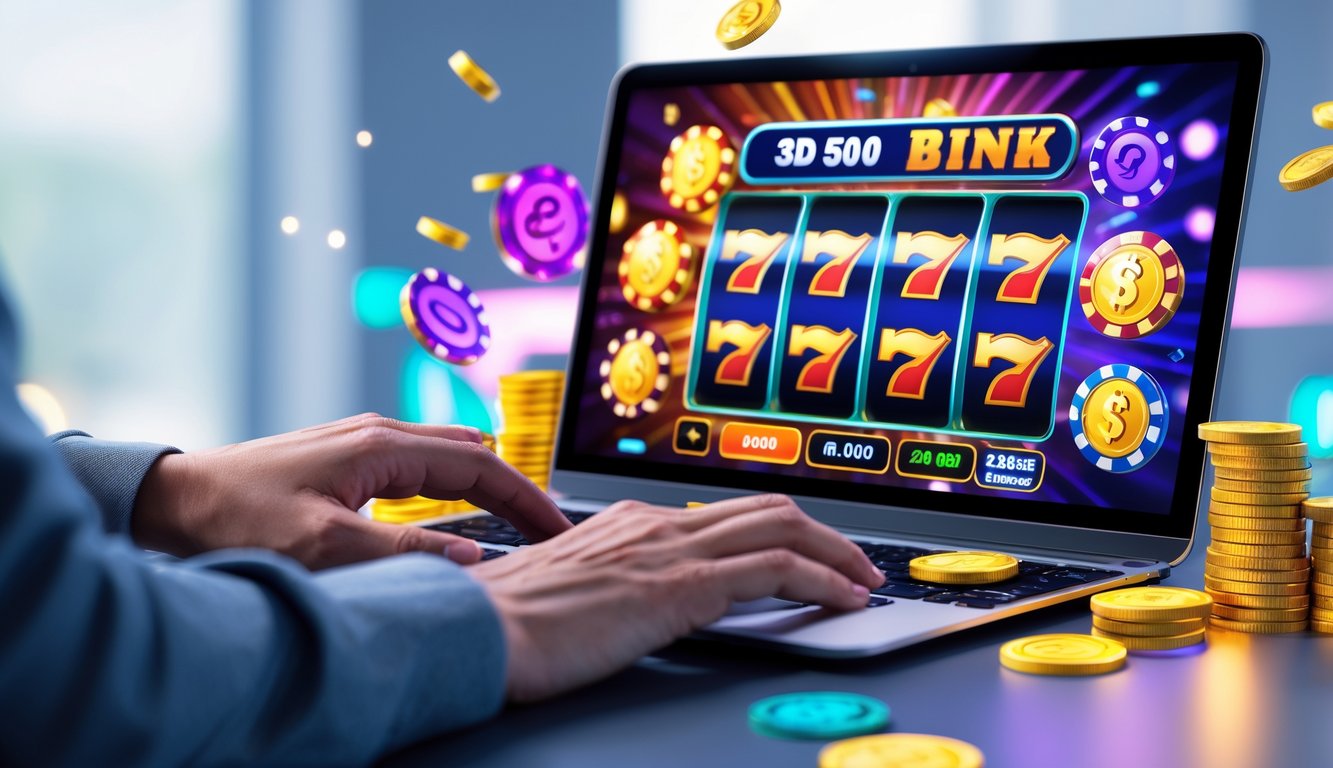 Seseorang menggunakan komputer dengan tampilan permainan slot 3D online yang berwarna-warni dan menarik, dikelilingi oleh koin dan simbol jackpot.