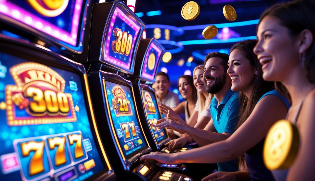 Sejumlah orang bermain mesin slot online 3D dengan latar belakang kasino digital yang penuh warna dan simbol jackpot.