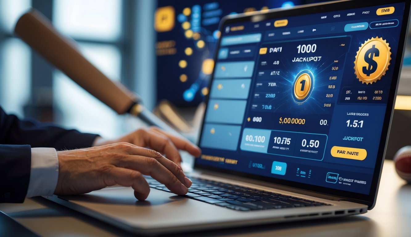 Seseorang menggunakan laptop dengan tampilan antarmuka taruhan kriket online di meja kerja yang terang, dengan alat kriket di latar belakang.