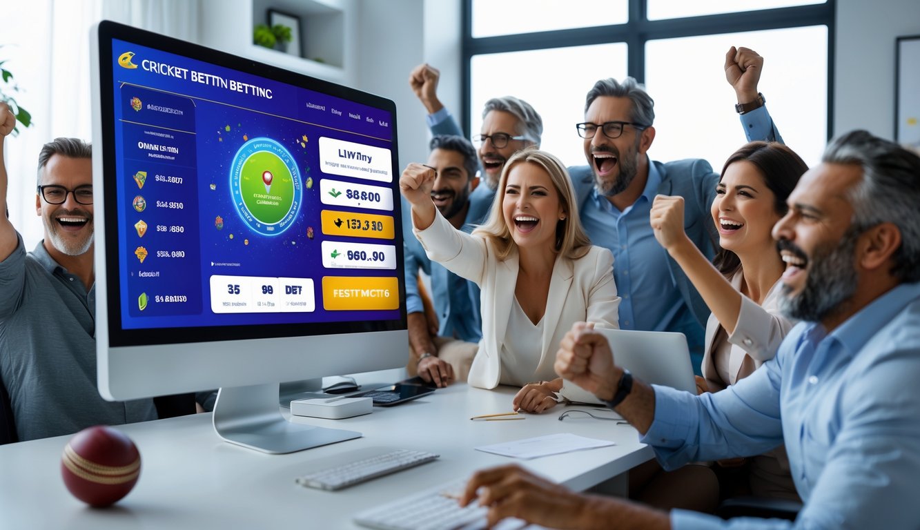 Orang-orang yang antusias melihat layar komputer dengan tampilan taruhan kriket online, merayakan kemenangan bersama di sebuah ruangan modern.