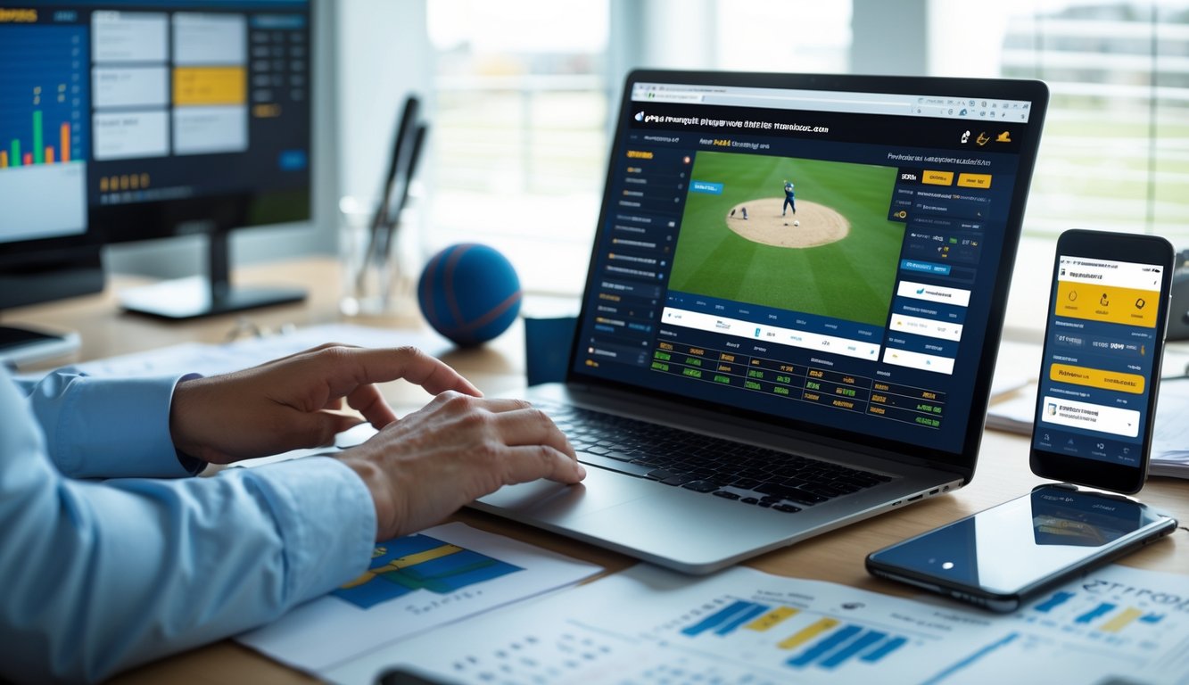 Seseorang menggunakan laptop untuk taruhan kriket online dengan catatan strategi dan perangkat digital di meja kerja.