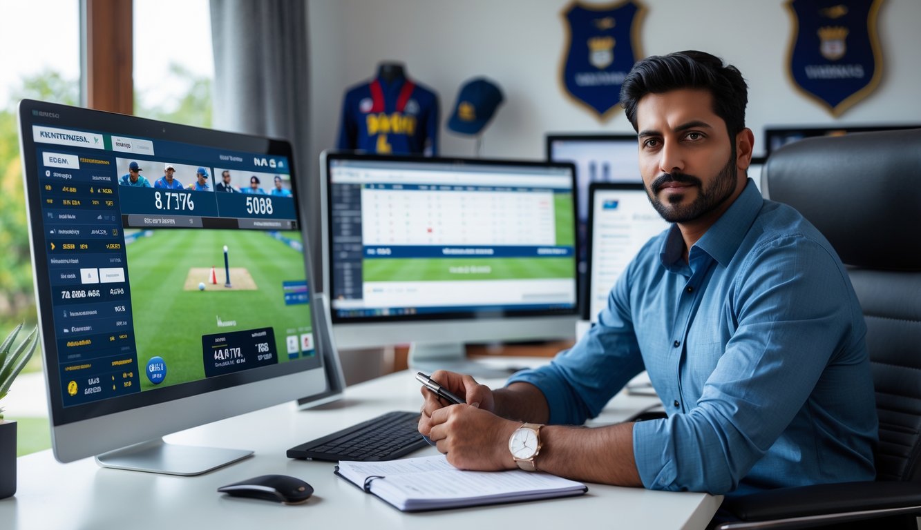 Seorang pria duduk di meja dengan beberapa layar komputer menampilkan statistik dan pertandingan kriket, sedang menganalisis data dengan fokus.