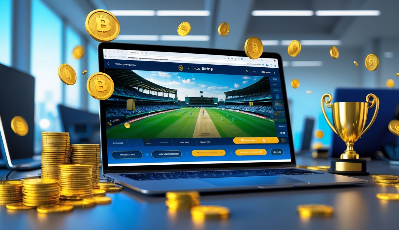 Sebuah meja kerja dengan laptop yang menampilkan pertandingan kriket, dikelilingi oleh koin dan trofi emas yang melambangkan taruhan online dan jackpot besar.