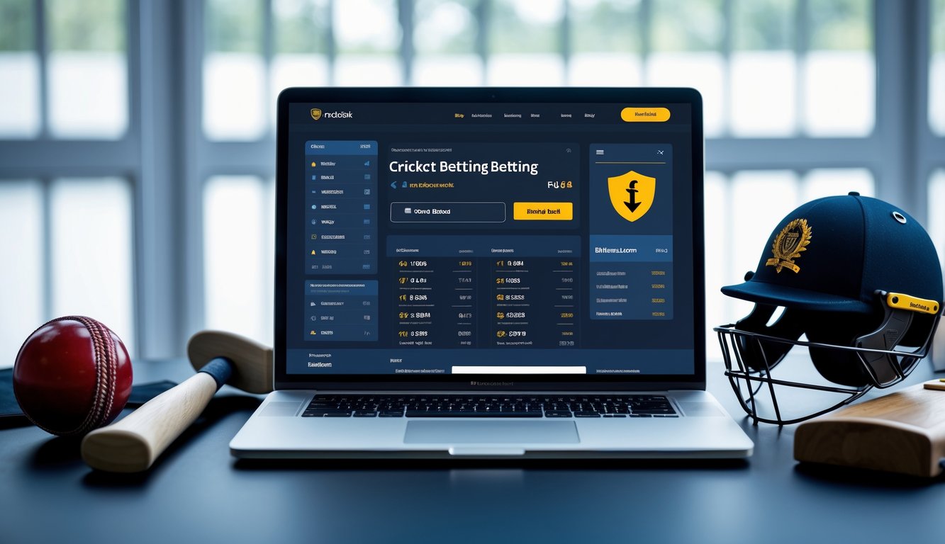 Seorang pria menggunakan laptop dengan tampilan situs taruhan cricket online, di meja terdapat bola cricket dan bat.