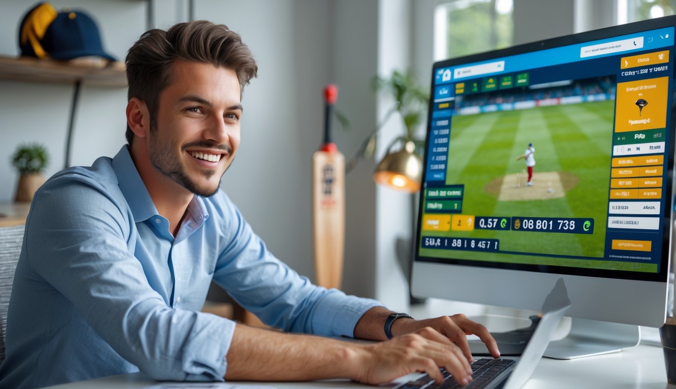 Seorang pria muda duduk di meja dengan laptop, sedang bermain taruhan kriket online di ruangan yang terang dan rapi dengan perlengkapan kriket di latar belakang.