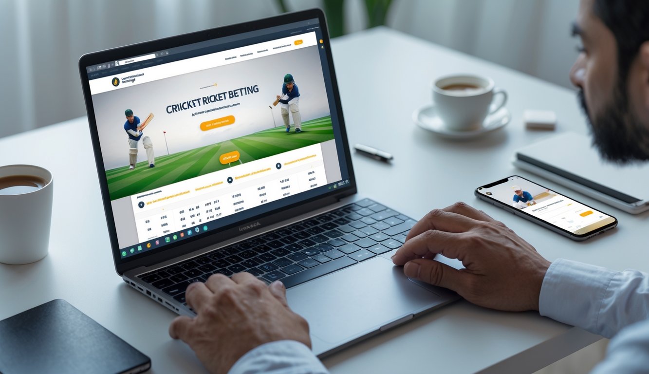 Seseorang menggunakan laptop dan ponsel di meja kerja untuk memasang taruhan kriket secara online.