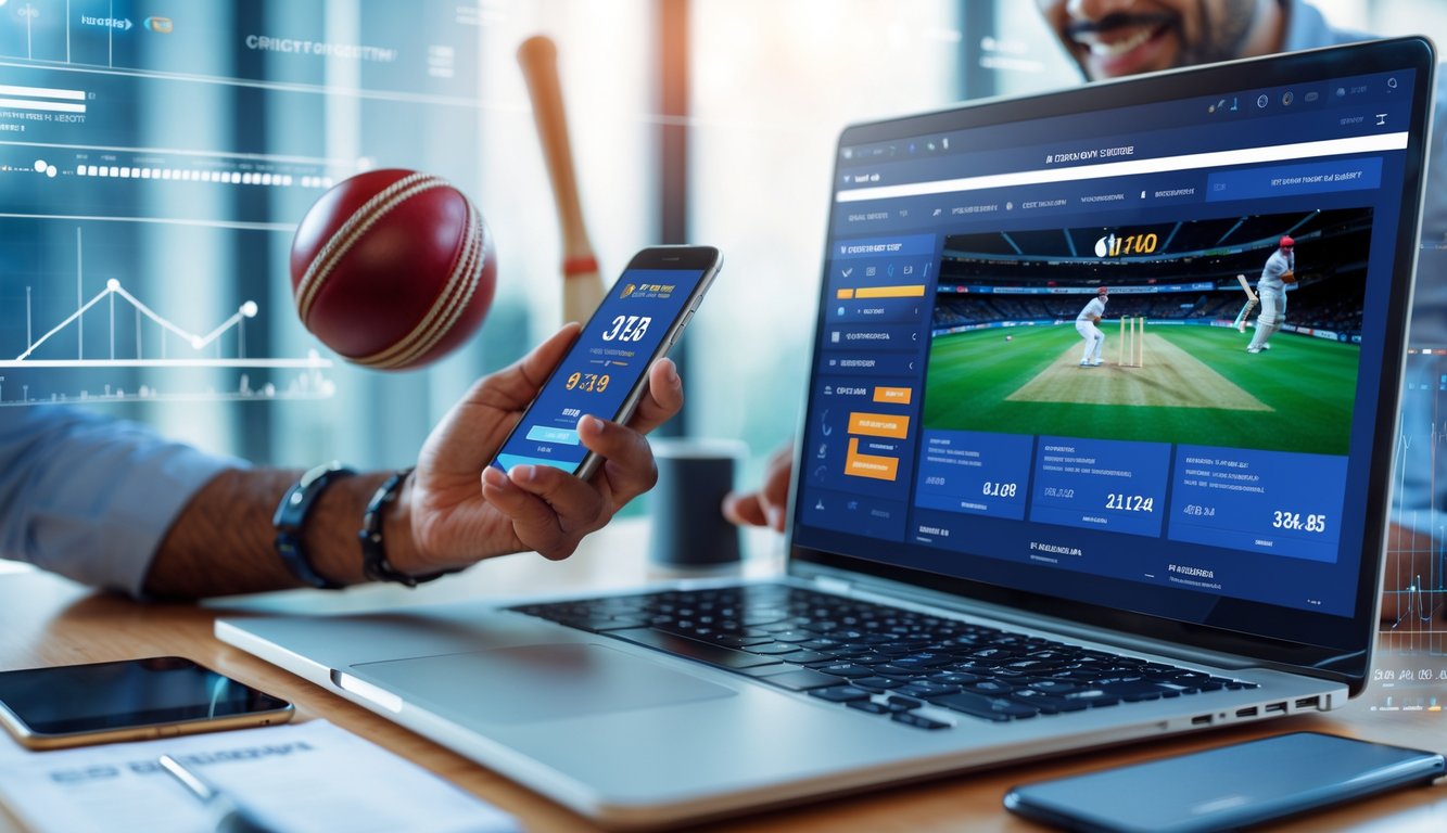 Seseorang menggunakan laptop dan ponsel untuk memasang taruhan pada pertandingan kriket online dengan perlengkapan kriket di meja.
