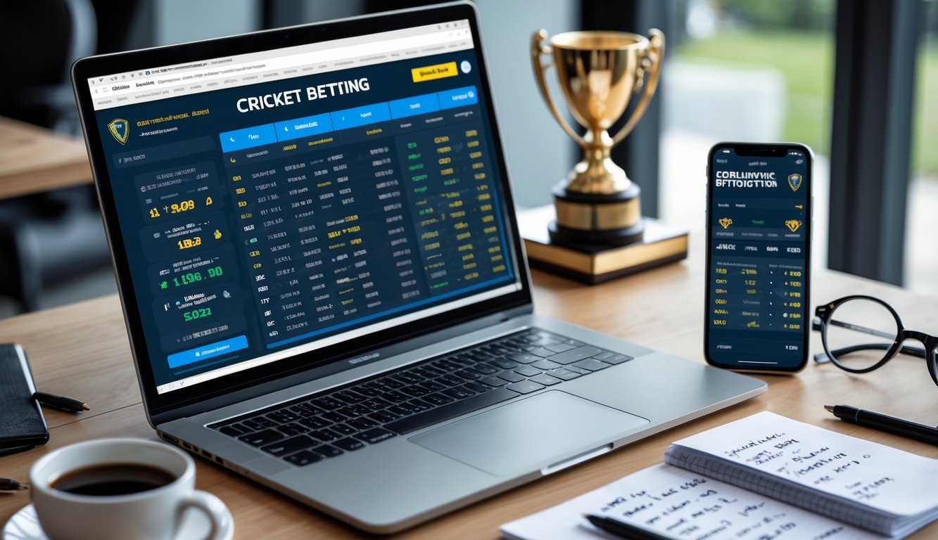 Meja kerja modern dengan laptop, ponsel, dan catatan yang menampilkan aktivitas taruhan kriket online.