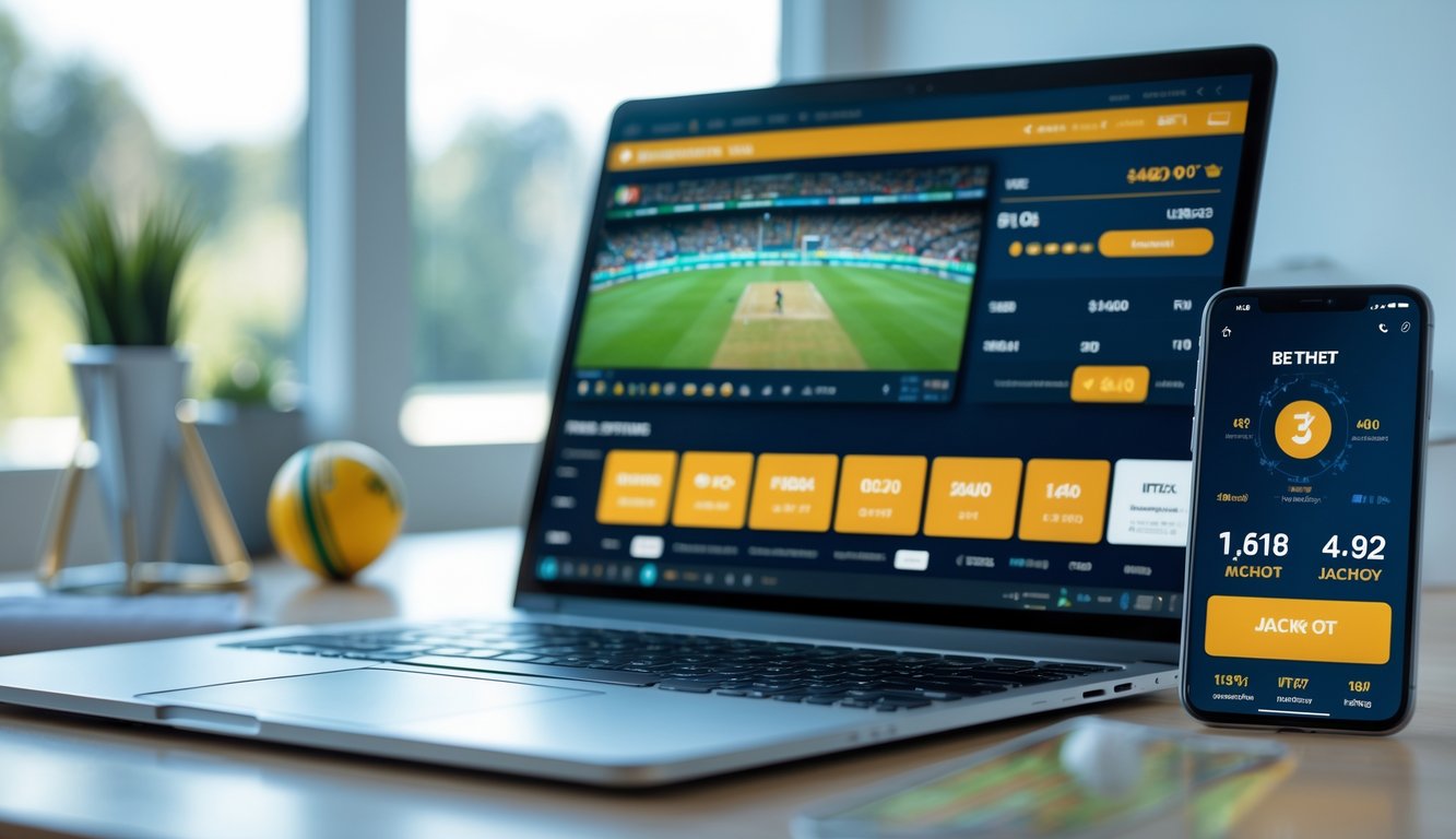 Seorang pria menggunakan laptop dan ponsel di meja dengan pertandingan kriket di layar, di sekitar meja terdapat bola kriket dan piala kecil.