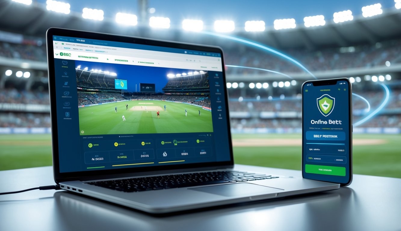 Seorang pria menggunakan laptop dan ponsel untuk taruhan kriket online dengan latar belakang stadion kriket yang terang dan ramai.