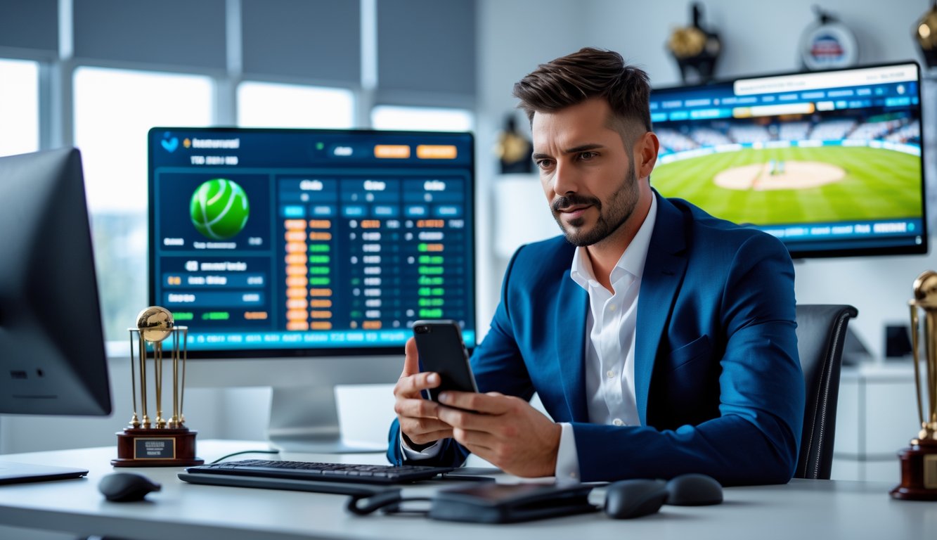 Seorang pria profesional duduk di meja dengan beberapa monitor komputer yang menampilkan statistik taruhan kriket dan pertandingan kriket langsung, menggunakan ponsel untuk memasang taruhan.