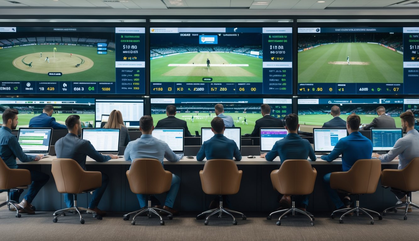 Sekelompok bettor profesional sedang fokus menggunakan komputer dan ponsel untuk bertaruh pada pertandingan kriket secara online di sebuah kantor modern.