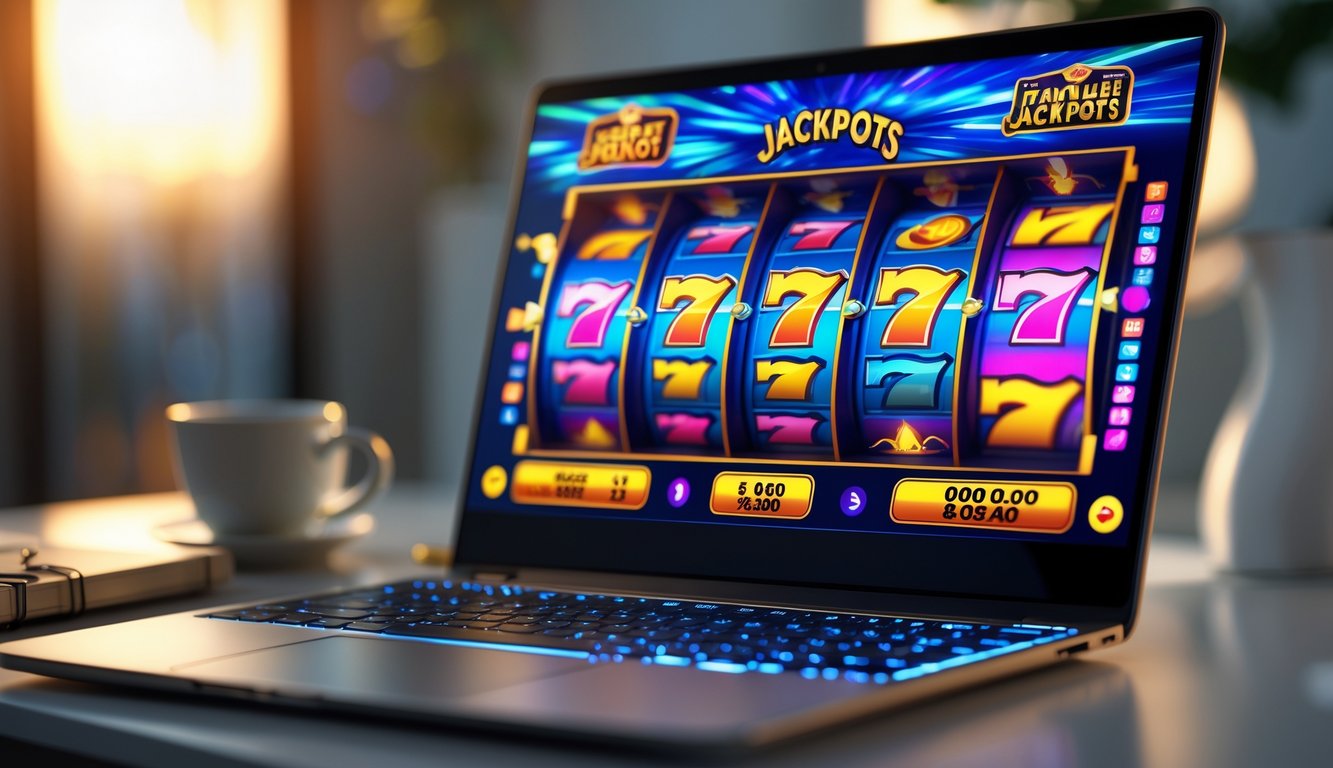 Seseorang menggunakan komputer dengan layar menampilkan mesin slot berwarna-warni, di atas meja terdapat buku catatan dan cangkir kopi.
