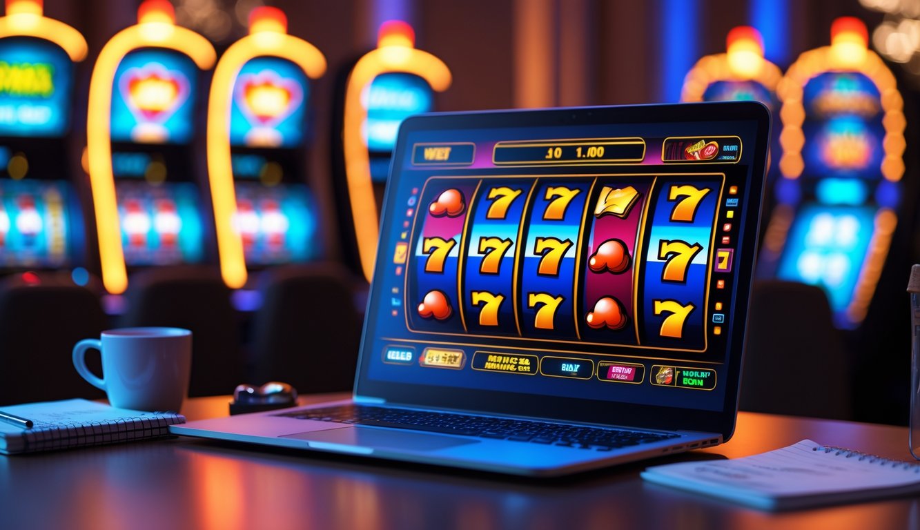 Seorang pemain menggunakan komputer dengan permainan slot online bergaya Vegas yang berwarna-warni, dikelilingi oleh catatan strategi dan ponsel dengan notifikasi jackpot.