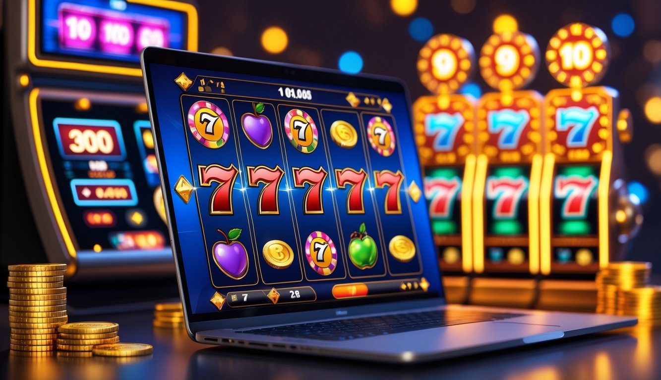 Seorang pemain menggunakan komputer dengan layar menampilkan permainan slot online yang berwarna-warni dan simbol jackpot, di lingkungan kasino virtual yang modern dan menarik.