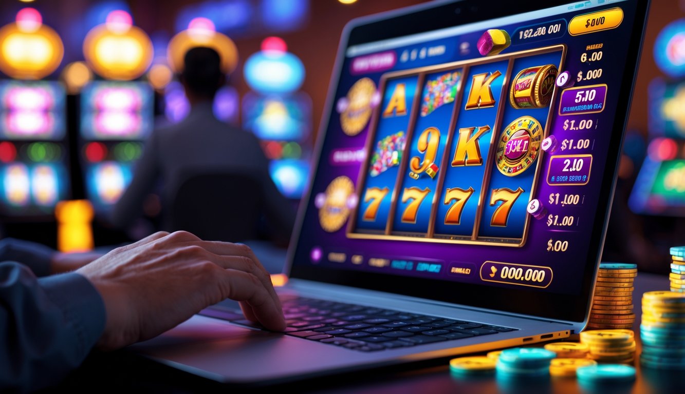 Seseorang menggunakan komputer dengan tampilan permainan mesin slot Vegas online yang berwarna-warni dan menarik.