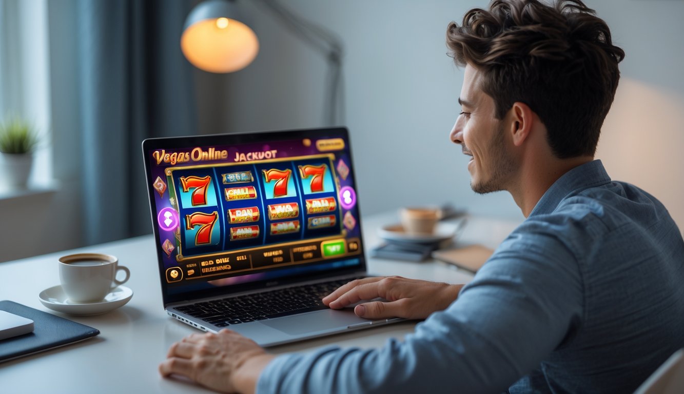 Seseorang sedang bermain permainan slot online di laptop di rumah dengan suasana nyaman dan fokus.