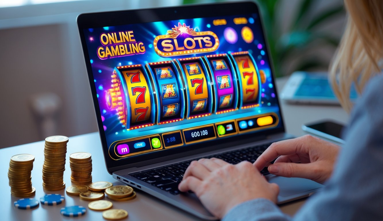 Seseorang bermain mesin slot online di depan laptop dengan koin dan chip di meja.