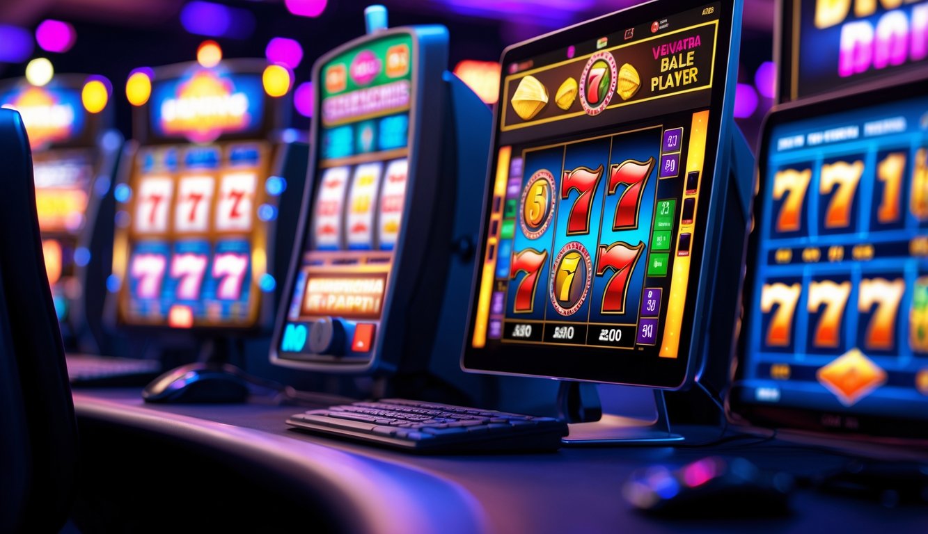 Sebuah setup permainan kasino online dengan beberapa layar menampilkan mesin slot digital dengan simbol klasik seperti ceri dan tujuh, di latar belakang pencahayaan berwarna-warni seperti di kasino.